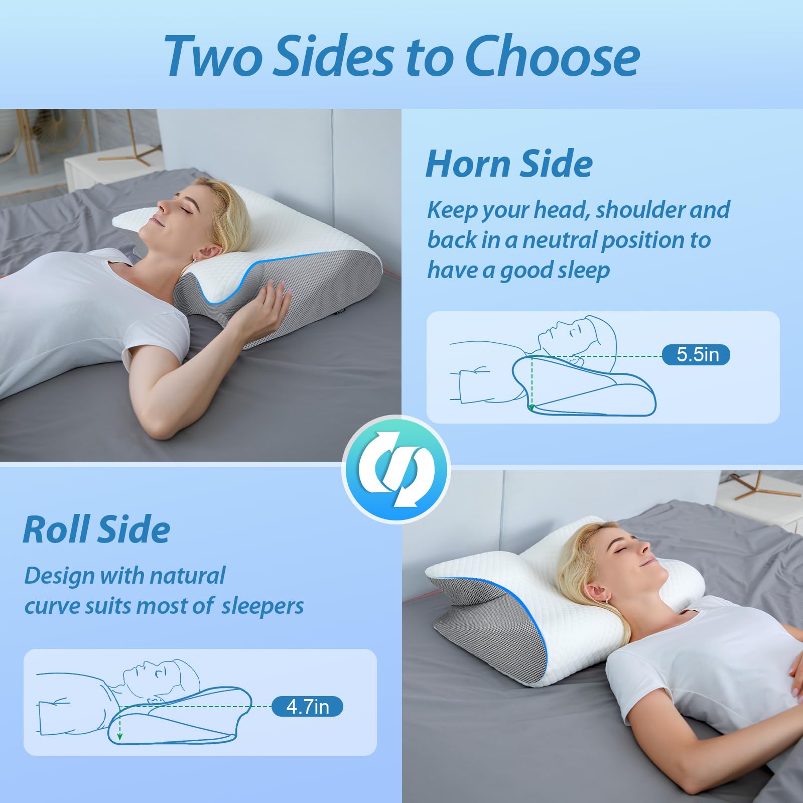 HOMCA Memory Foam Pillow, 2 in 1 Cervical Pillow for Neck Pain Relief, Ergonomic Neck Support Pillows for Side Back Stomach Sleepers with Breathable Pillowcase(White)