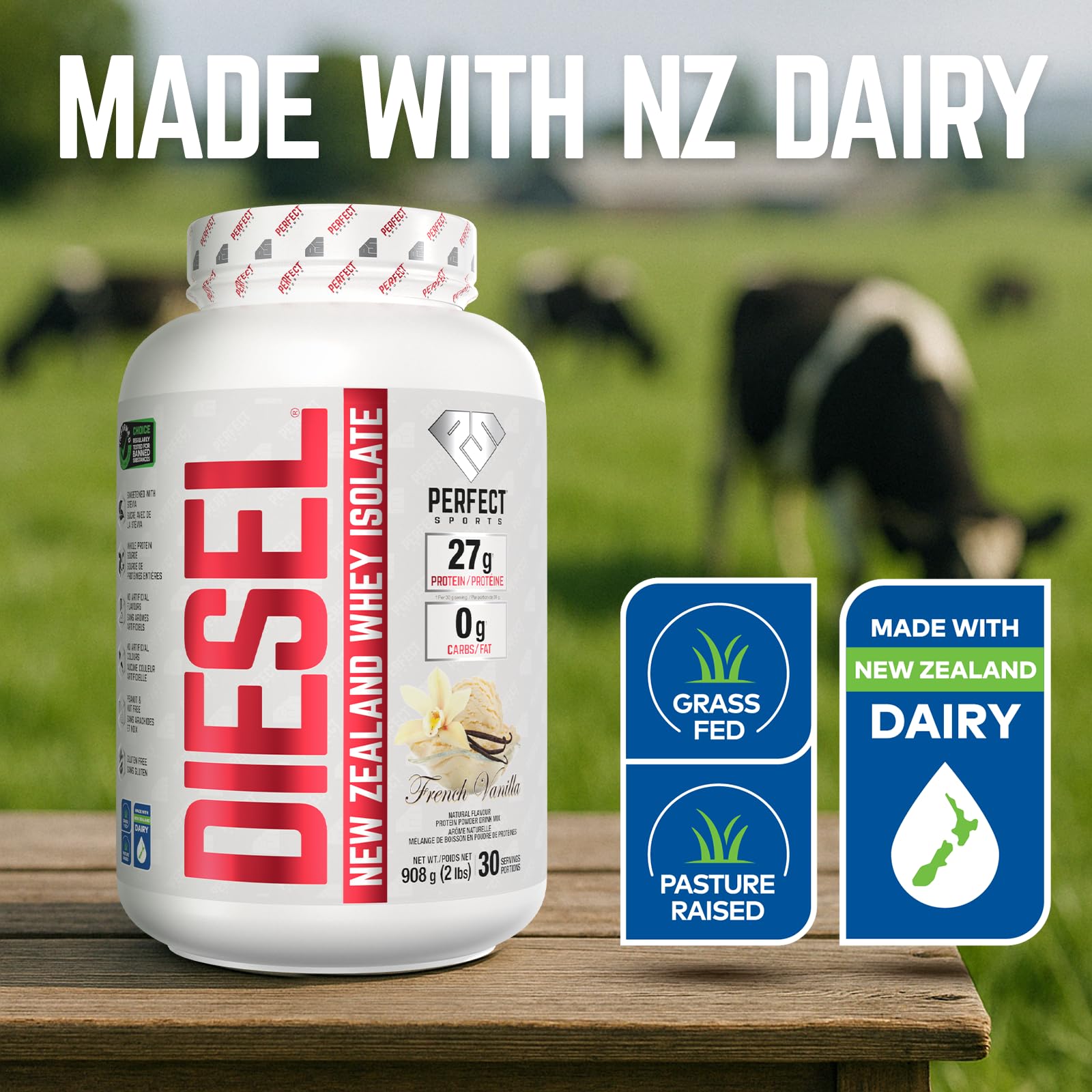 PERFECT SPORTS Diesel New Zealand Whey Isolate Protein Powder | 27g Grass Fed Protein, Zero Carbs & Fat | Keto Friendly, Naturally Flavoured, Gluten Free | 2LB (French Vanilla) - Available at All In One Marketplace Canada
