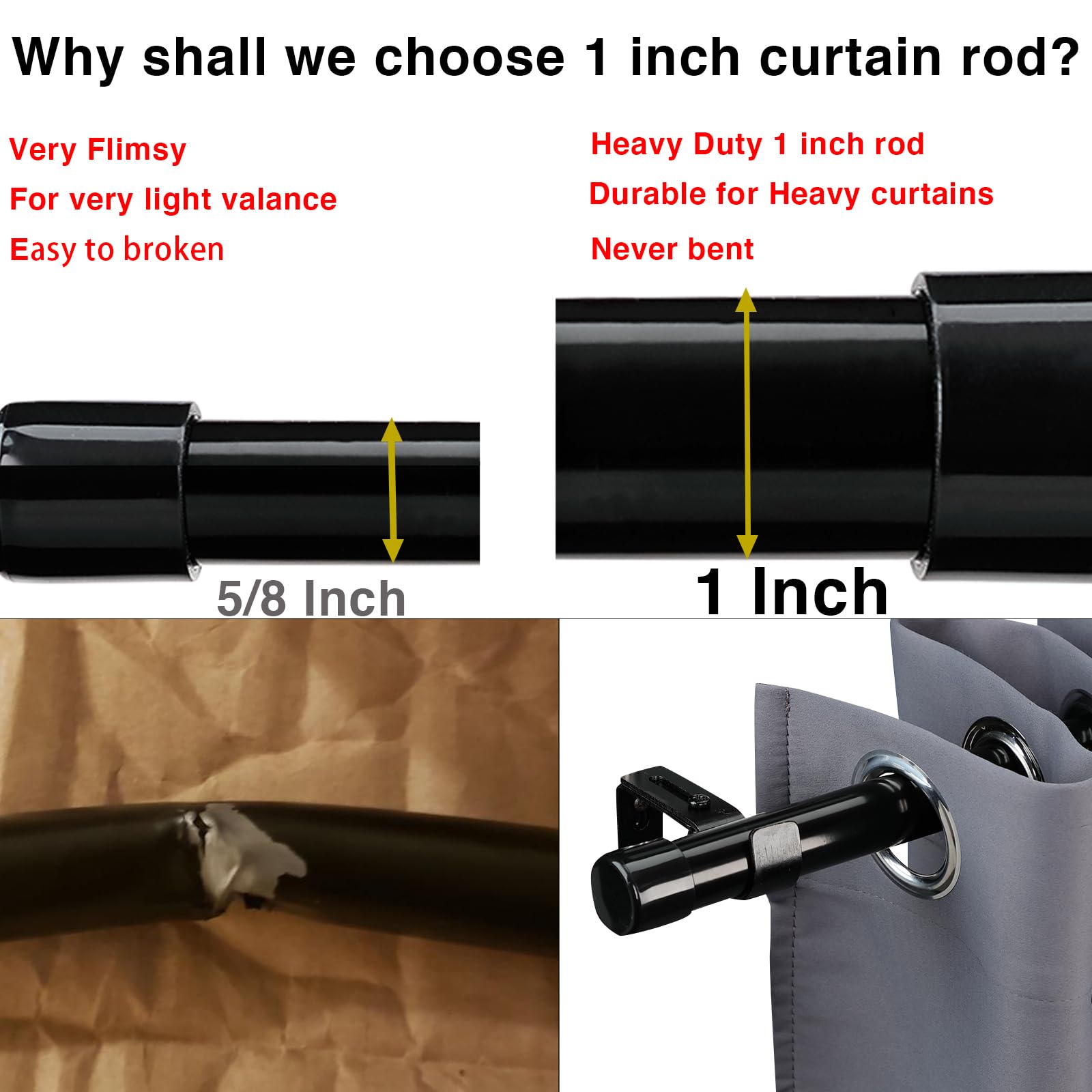 Extra Long Curtain Rods for Windows 28 to 144 inch, 1" Heavy Duty Drapery Rods with Adjustable Brackets, Bedroom Easy Instal Simple Blackout Outdoor Black Curtain Rods for Patio - Available at All In One Marketplace Canada