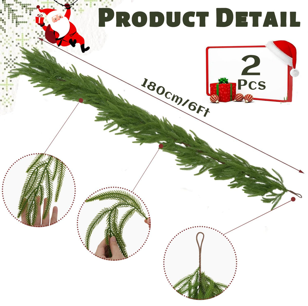 2 Pcs 6 FT Christmas Garland, Artificial Norfolk Pine Garland 🍁 All In One Marketplace Canada