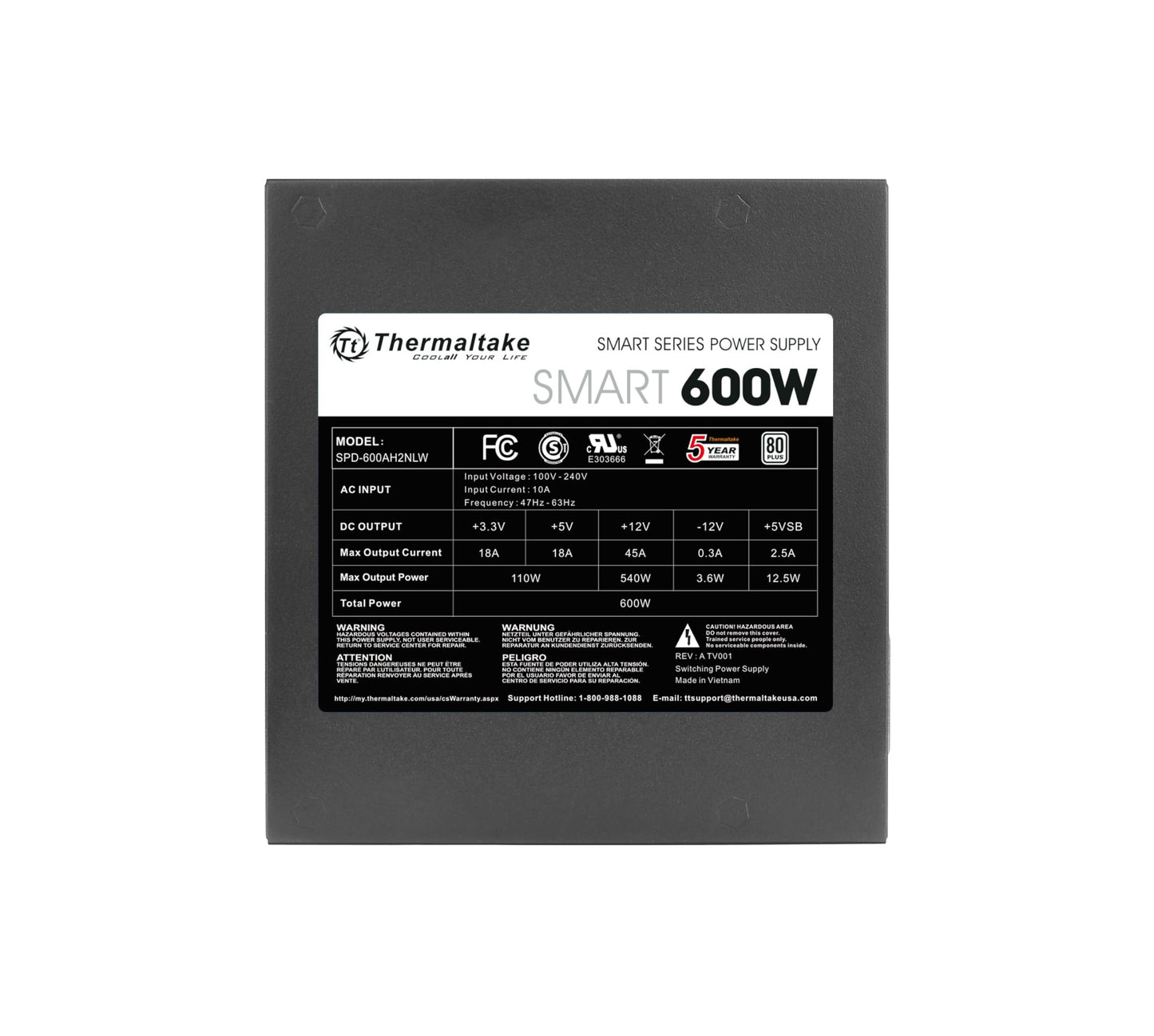 Thermaltake Smart 600W ATX 12V V2.3/EPS 12V 80 Plus Certified Active PFC Power Supply PS-SPD-0600NPCWUS-W 🍁 All In One Marketplace Canada
