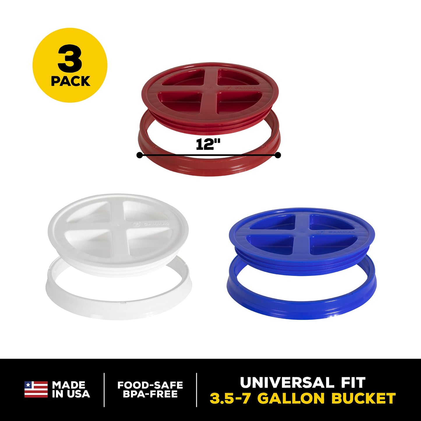 Gamma2 Gamma Seal Lid 3pk Combo for Utility Buckets - Fits 3.5, 5, 6 & 7 gallon buckets, Red, White & Blue, Made in USA Gamma2