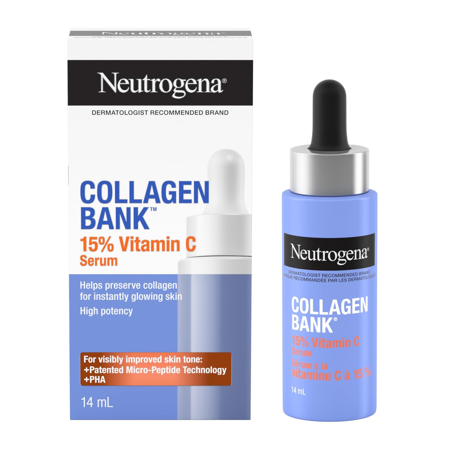 Neutrogena Collagen Bank Vitamin C Face Serum, Potent Vitamin C Serum Helps Preserve Collagen for Glowing, Plumper Looking Skin, Uneven Skin Tone Treatment, Fragrance Free, 14 mL