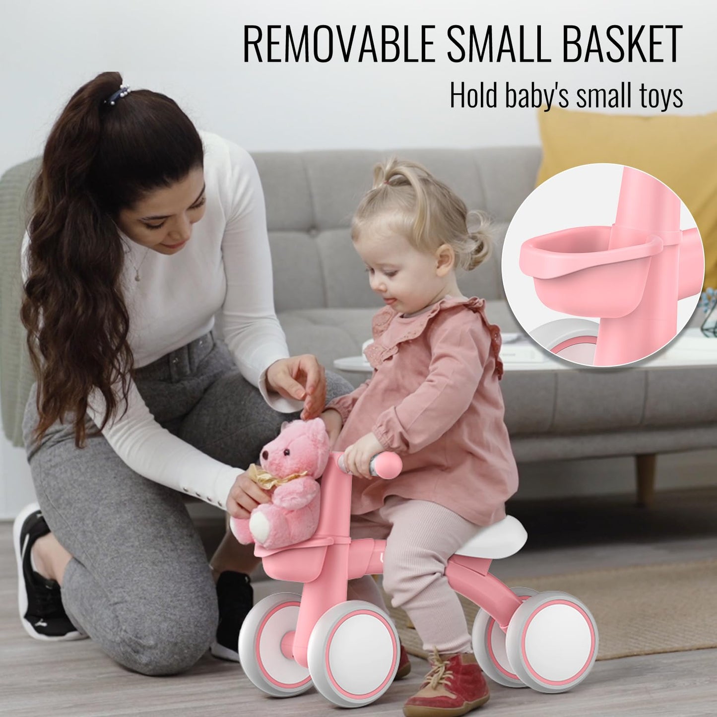 Umatoll Baby Balance Bike Toys for 1 Year Old Girls Gifts, Adjustable Seat Baby Walker, First Birthday Gifts, 12-24 Months Toddler Ride on Toys with Removable Basket, Pink