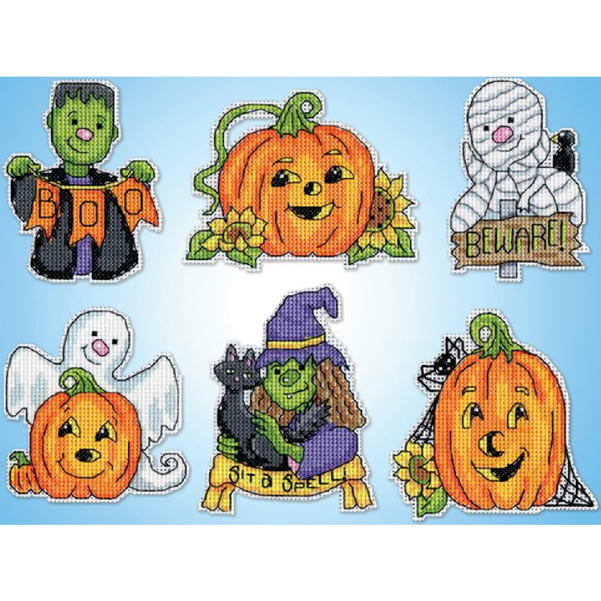 Kit de broderie au point de croix compté « Amis d'Halloween » – Ensemble de 6 décorations