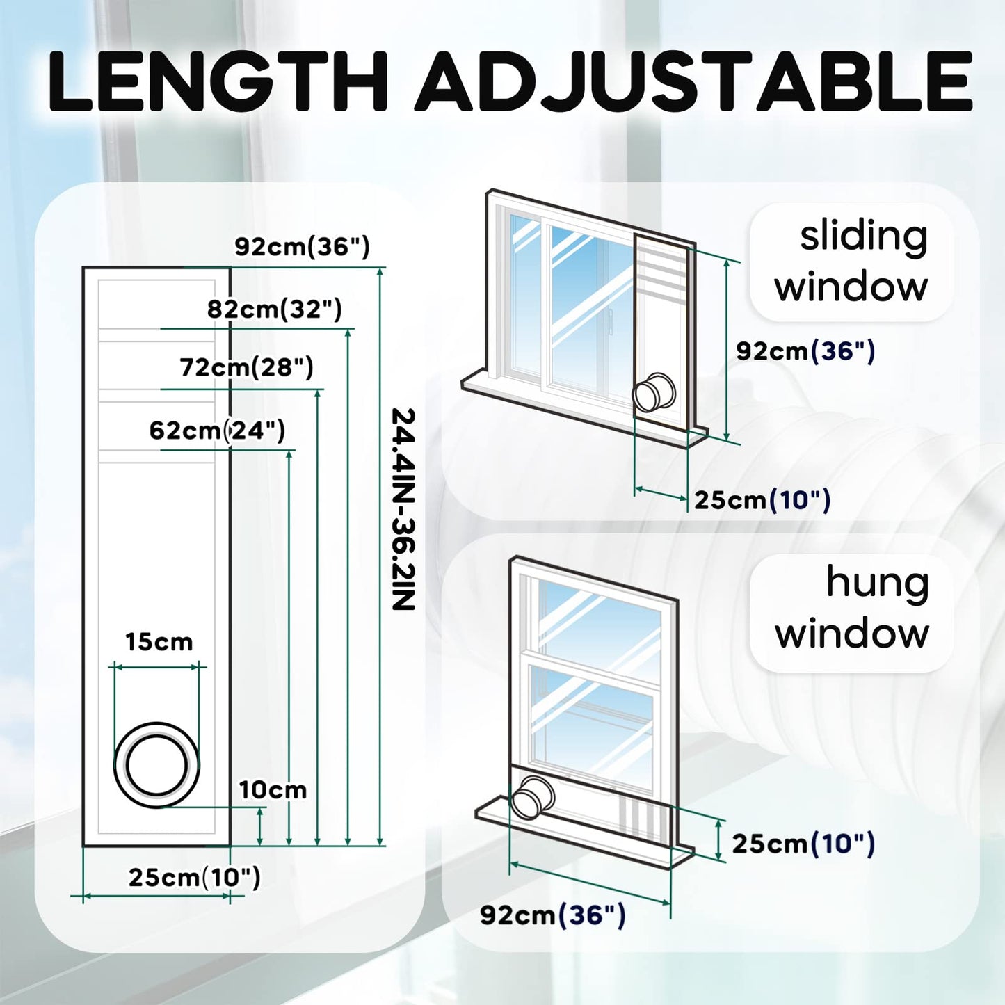 LOVIGA Window Seal for Portable Air Conditioner, 100% Sealing Effect AC Window Seal Vent Kit for Portable Air Conditioner Tumbler Dryer, 25x62~92cm Length Adjustable Waterproof