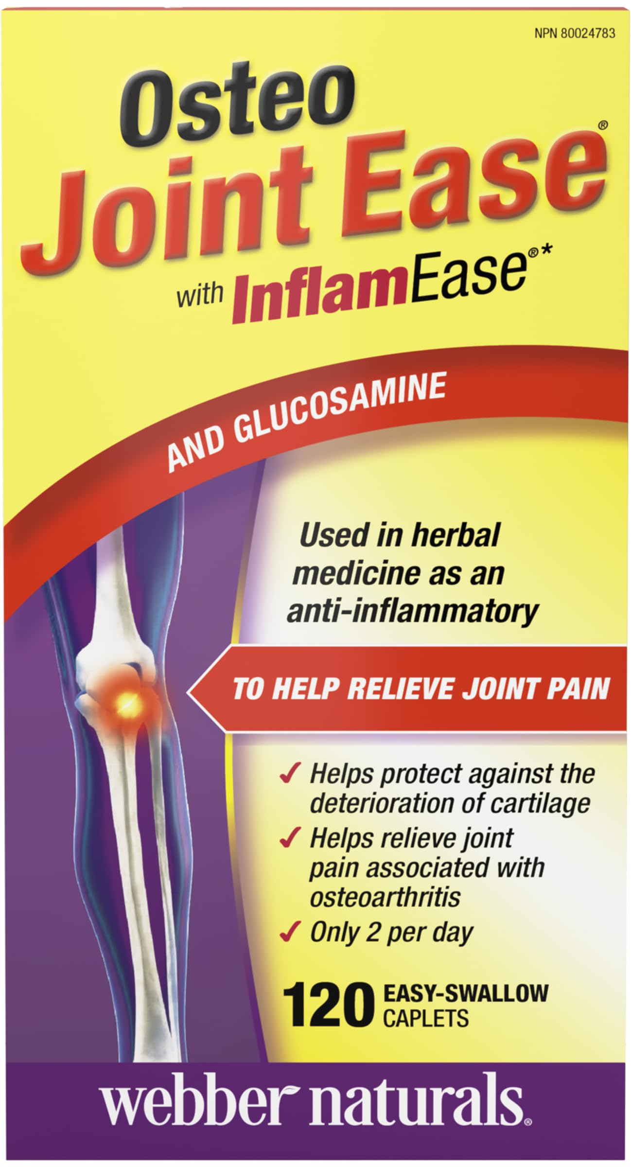 Webber Naturals Osteo Joint Ease with InflamEase and Glucosamine, Helps Ease Joint Pain Associated with Osteoarthritis, 120 Caplets Webber Naturals