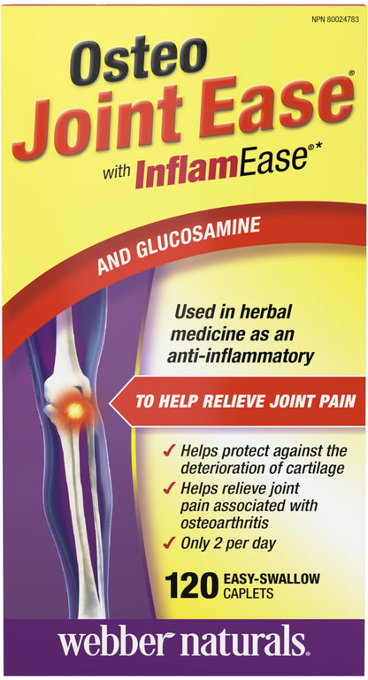 Webber Naturals Osteo Joint Ease with InflamEase and Glucosamine, Helps Ease Joint Pain Associated with Osteoarthritis, 120 Caplets Webber Naturals
