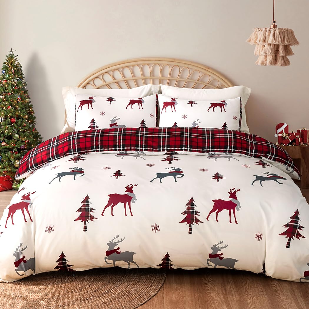 Conworld Christmas Duvet Cover Queen Size Set, Soft Reversible Red Plaid Reindeer Snowflake Printed Holiday Bedding Set with Zipper Closure, Corner Ties, 2 Pillowcases, 1 Duvet Cover 90x90 inches 🍁 All In One Marketplace Canada