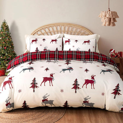 Conworld Christmas Duvet Cover Queen Size Set, Soft Reversible Red Plaid Reindeer Snowflake Printed Holiday Bedding Set with Zipper Closure, Corner Ties, 2 Pillowcases, 1 Duvet Cover 90x90 inches 🍁 All In One Marketplace Canada