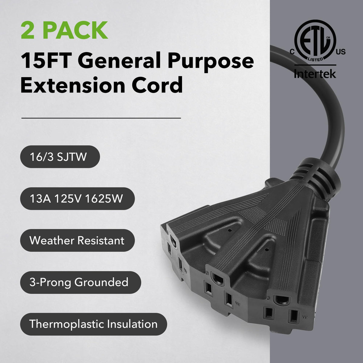 BN-Link's 2 Pack Outdoor Extension Cord Set is Ideal for Holiday Yard Decorations and Garden Equipment. with Three outlets You can Plug in Loads up to a Total of 13amps/1625watts. (Black, 15ft) 🍁 All In One Marketplace Canada