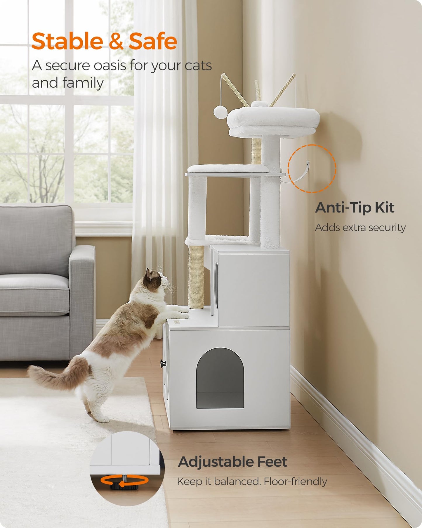 Feandrea WoodyWonders Cat Tree with Litter Box Furniture Hidden Enclosure, 2-in-1 Modern Tower, Cat Condo with Scratching Posts, Removable Pompom Sticks, Cloud White UPCT113W01 Feandrea