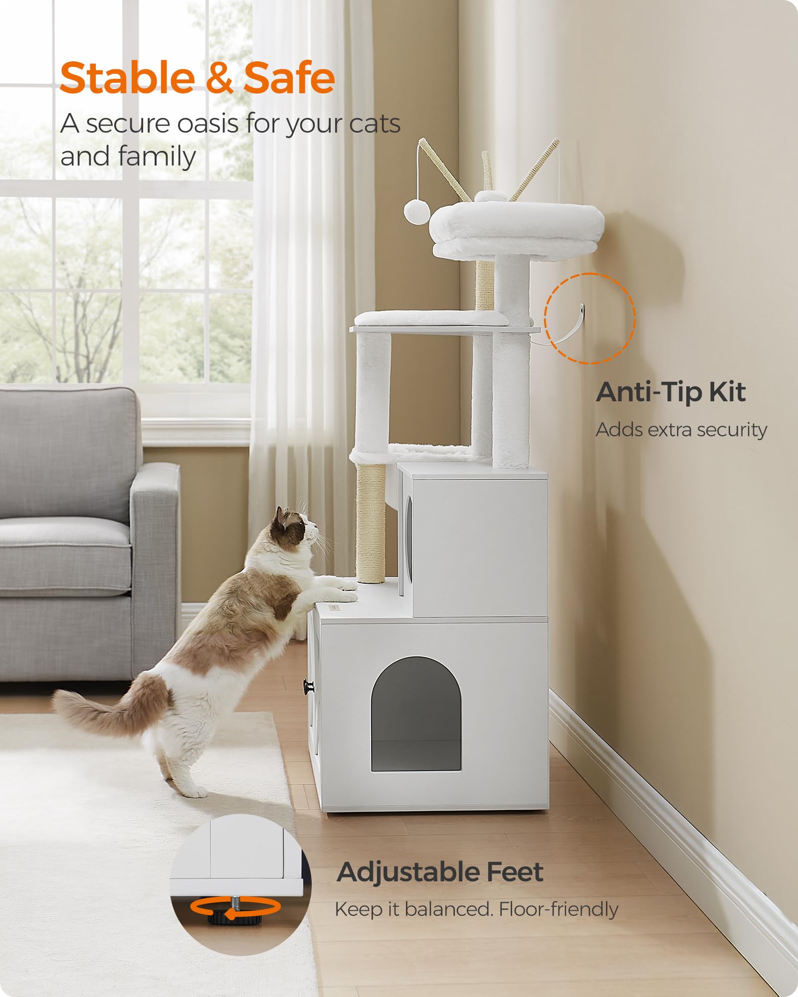Feandrea WoodyWonders Cat Tree with Litter Box Furniture Hidden Enclosure, 2-in-1 Modern Tower, Cat Condo with Scratching Posts, Removable Pompom Sticks, Cloud White UPCT113W01 Feandrea