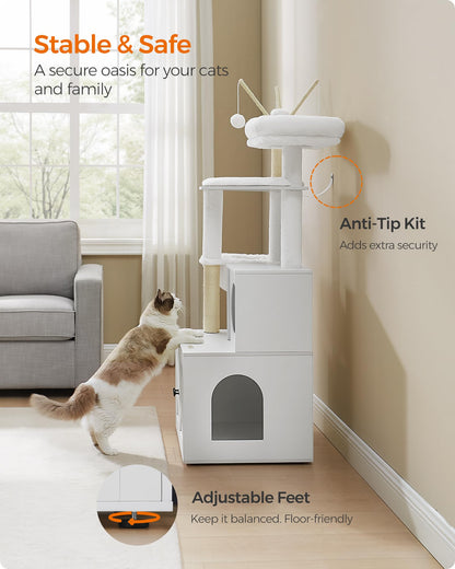 Feandrea WoodyWonders Cat Tree with Litter Box Furniture Hidden Enclosure, 2-in-1 Modern Tower, Cat Condo with Scratching Posts, Removable Pompom Sticks, Cloud White UPCT113W01 Feandrea