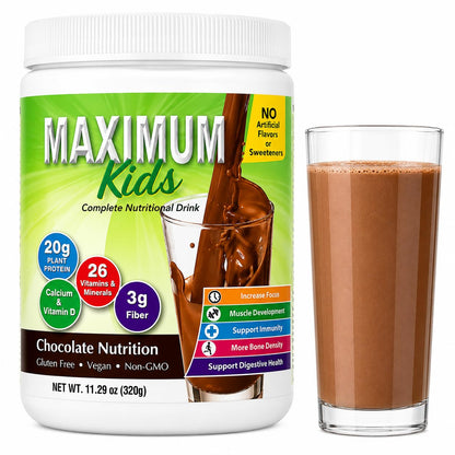 Maximum Kids Complete ORGANIC Powder Mix - Great TASTING, EASY to use, complete nutritional drink with 26 vitamins & Minerals, 20g of Plant Protein, 3g of Fiber. Kid TESTED! Parents APPROVED! - Available at All In One Marketplace Canada