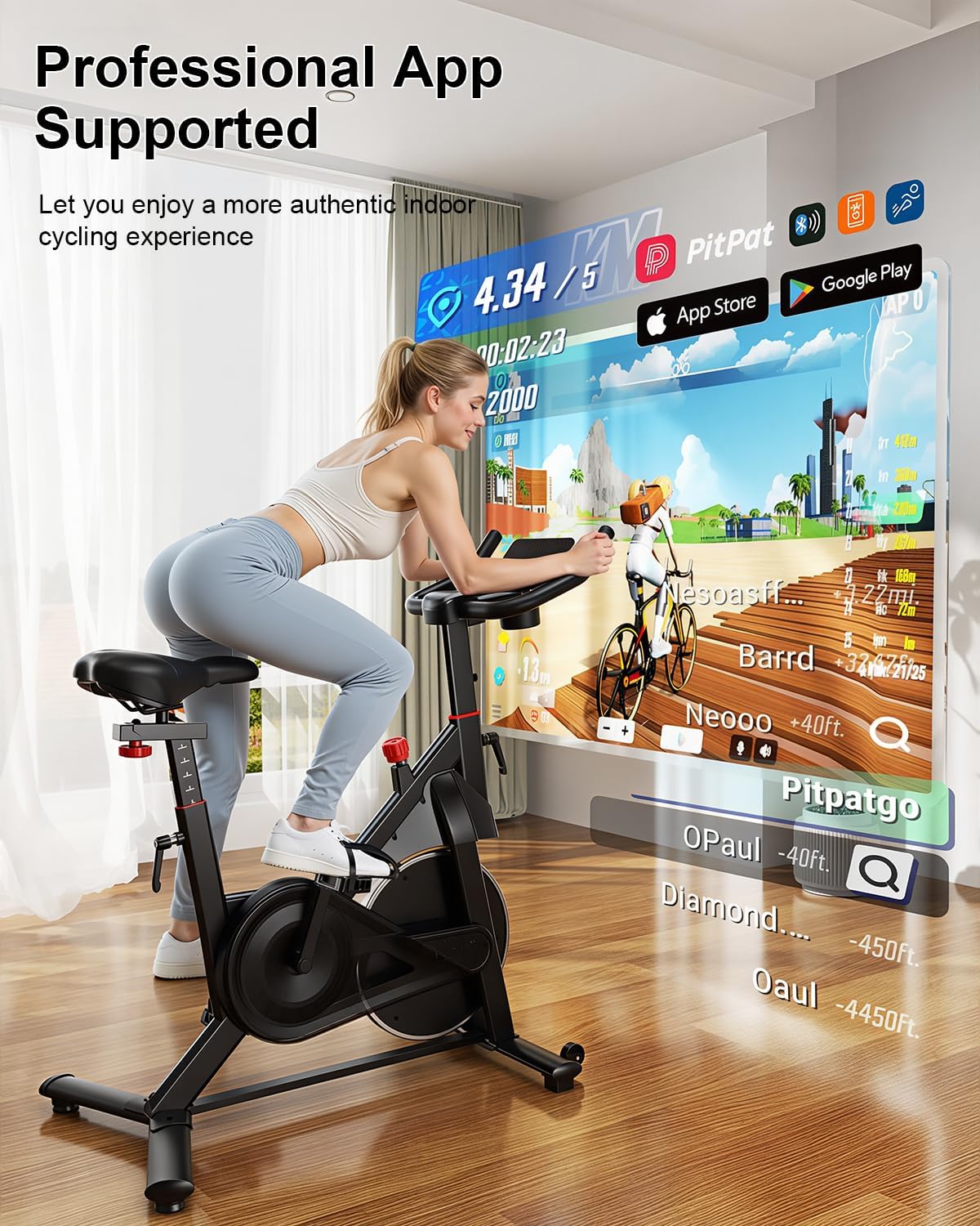 Exercise Bike, 32 Levels Magnetic Indoor Cycling Bike, 300lbs Capacity Stationary Bike with PitPat App & Comfort Seat Cushion