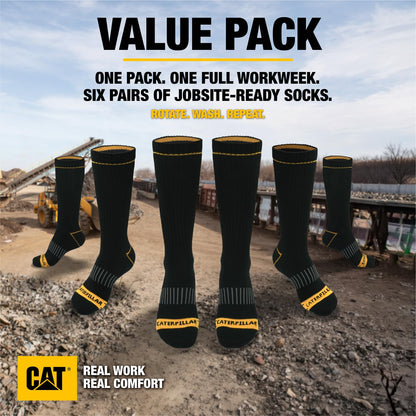 Caterpillar Men's Half Cushioned Crew Socks Pack, Black (6 Pack), X-Large