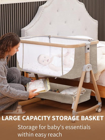 Baby Bassinet, Basinet Bedside Sleeper with Waterproof Bassinet Sheets and Soft Mattress, Safe Adjustable Height Bedside Bassinets with Wheels, Girl/Boy Bassinets, Jestonten (Khaki)