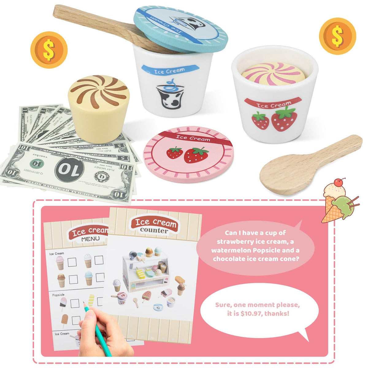 Wooden Ice Cream Toys Kids Pretend Play Store Toys for Toddlers Girls 3-5, Play Kitchen Accessories with Counter & Menu, Wooden Food Christmas Birthday Gifts for 3 4 5 Year Old Girls Boys 🍁 All In One Marketplace Canada