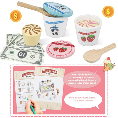 Wooden Ice Cream Toys Kids Pretend Play Store Toys for Toddlers Girls 3-5, Play Kitchen Accessories with Counter & Menu, Wooden Food Christmas Birthday Gifts for 3 4 5 Year Old Girls Boys 🍁 All In One Marketplace Canada