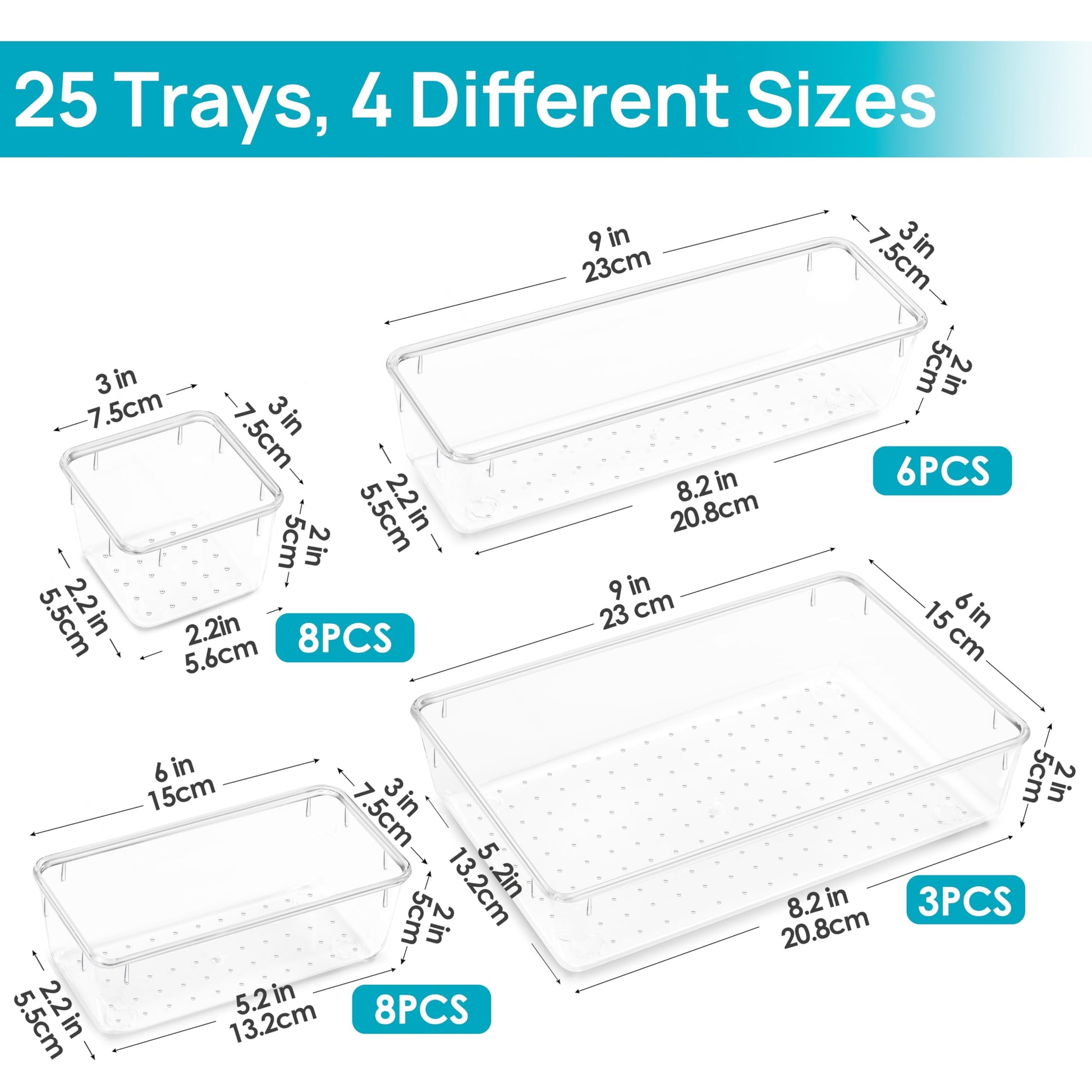 Vtopmart 25 PCS Plastic Clear Drawer Organizer, Acrylic Desk Drawer organizers, Organization and Storage for Makeup, Bathroom, Office, kitchen, Bedroom