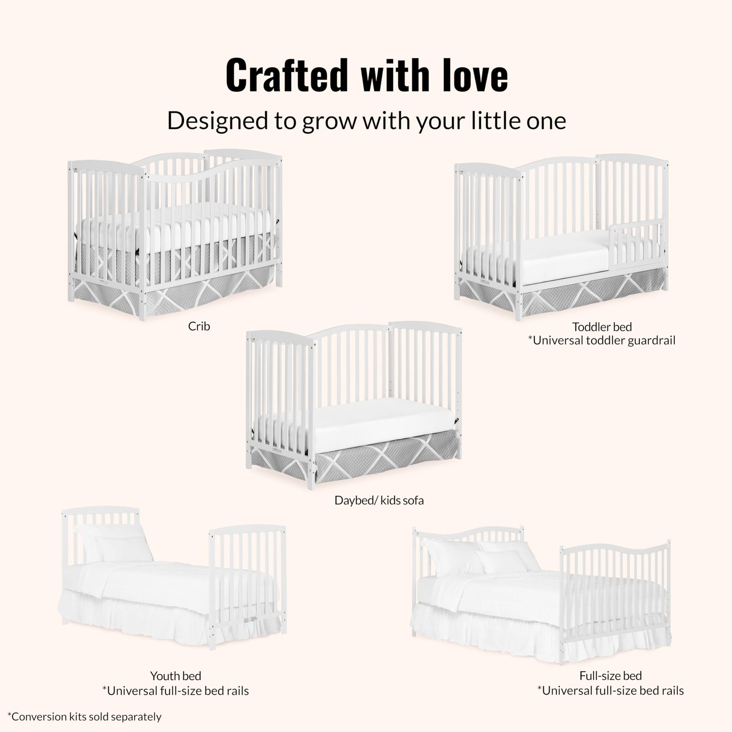 Dream On Me Chelsea 5-In-1 Convertible Crib In White, 4 Mattress Height Positions, Non Toxic Finish, JPMA Certified, Made Of Sustainable And Sturdy Pinewood Dream On Me
