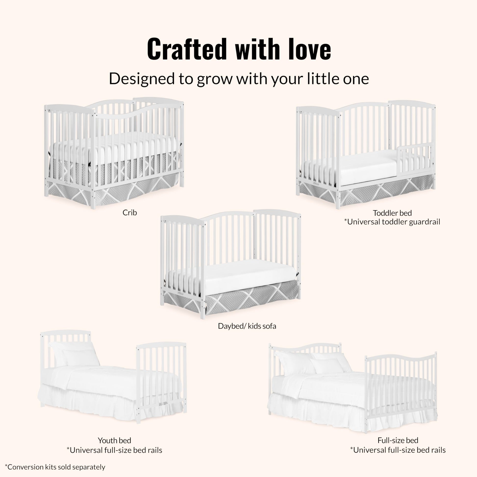 Dream On Me Chelsea 5-In-1 Convertible Crib In White, 4 Mattress Height Positions, Non Toxic Finish, JPMA Certified, Made Of Sustainable And Sturdy Pinewood Dream On Me