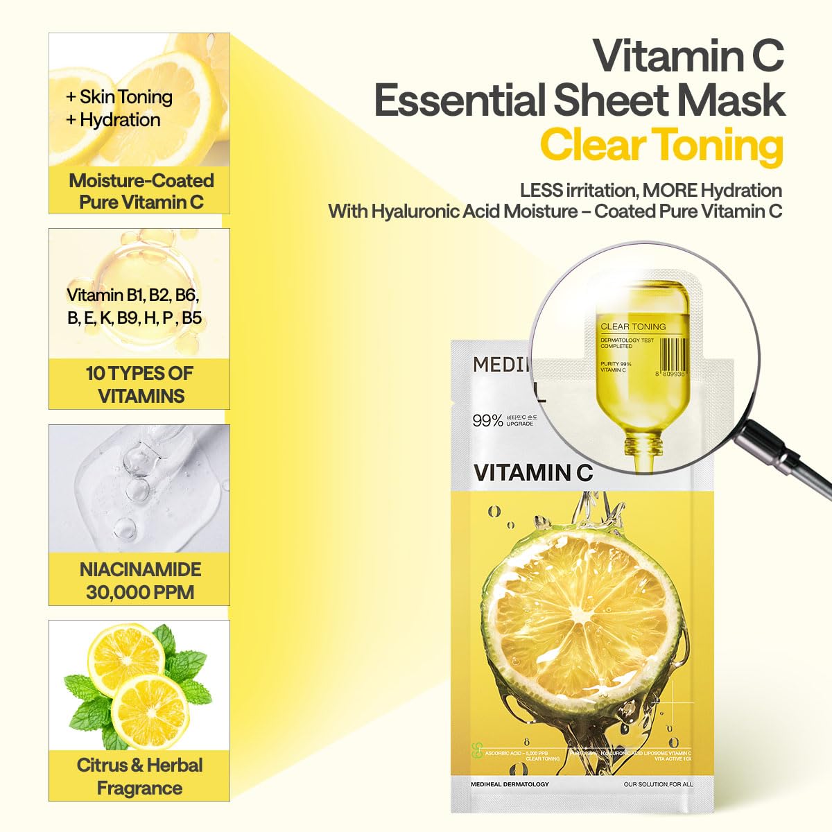 MEDIHEAL Vitamin C Essential Face Mask - Brightening & Hydrating Facial Mask for Blemish & Uneven Skin Tone, Clear Toning with Niacinamide, Vegan, Korean Skincare for Women (10 Sheets)