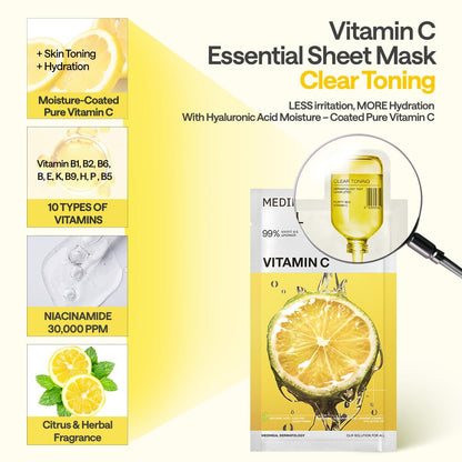 MEDIHEAL Vitamin C Essential Face Mask - Brightening & Hydrating Facial Mask for Blemish & Uneven Skin Tone, Clear Toning with Niacinamide, Vegan, Korean Skincare for Women (10 Sheets)