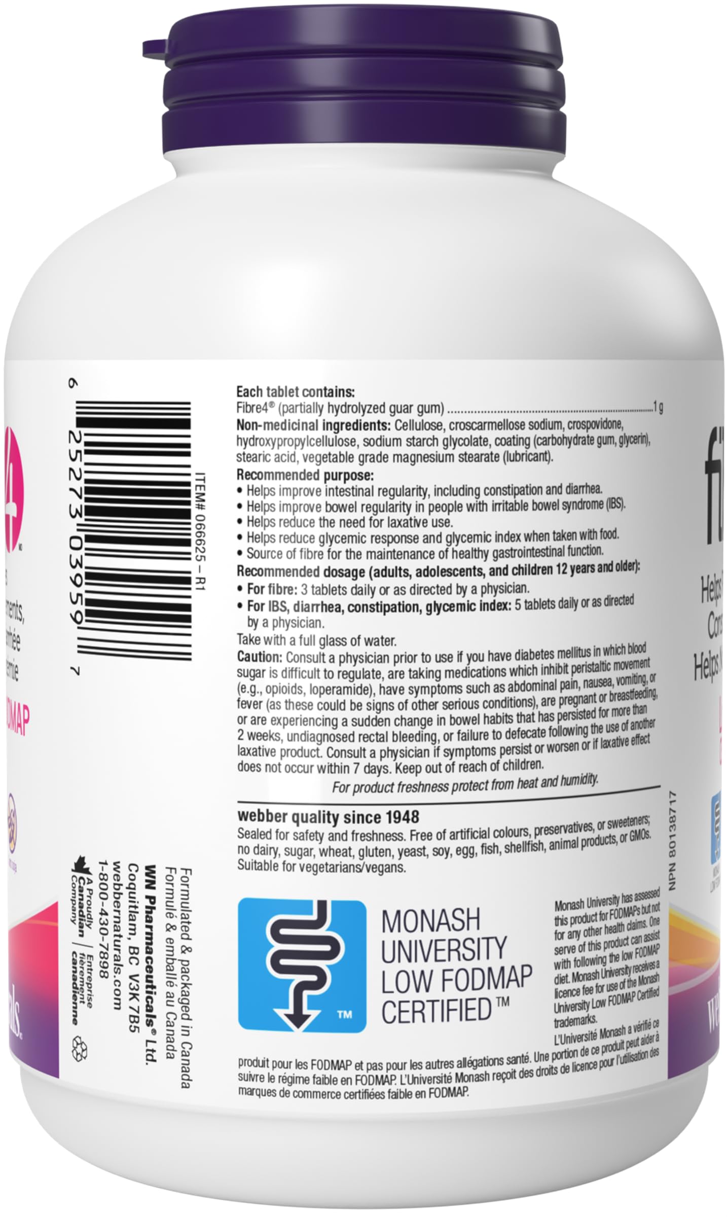 Webber Naturals The Right Fibre4 IBS Intestinal Discomfort Tablets, 150 Tablets, Fibre Supplement for Digestive Health, Low-FODMAP, Vegan - Available at All In One Marketplace Canada