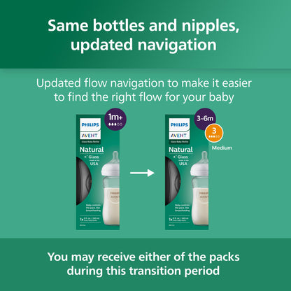 Philips Avent Natural Glass Baby Bottles with Natural Response Nipples (Medium Flow, Flow 3), 8oz, 3-pack, SCY913/03