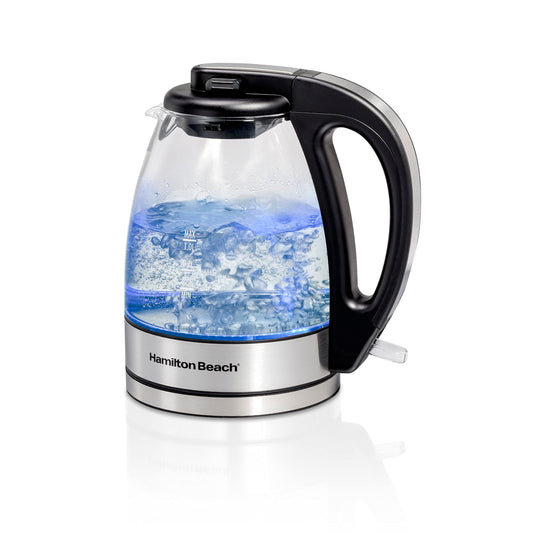 Hamilton Beach Glass Electric Kettle, 1 L, 1500W Fast Boiling Water Boiler, Cordless, Soft Blue LED Light, Auto Shutoff & Boil-Dry Protection, BPA-Free, Compact Size (40930JC)