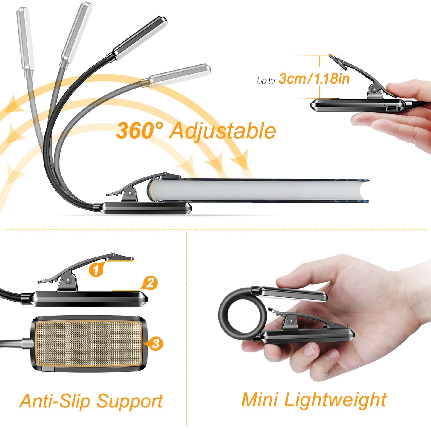Gritin 9 LED Rechargeable Book Light for Reading in Bed-Eye Caring 3 Color Temperatures,Stepless Dimming Brightness,80 Hrs Runtime Small Lightweight Clip on Book Light for Reading,Studying-Black - Available at All In One Marketplace Canada