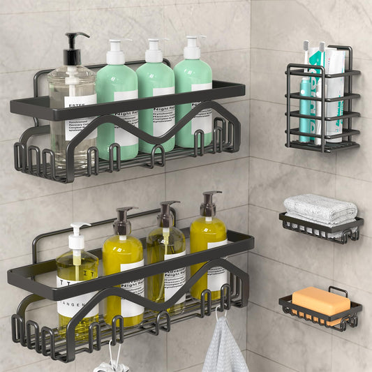 Coraje Adhesive Shower Caddy, 5-Pack Shower Shelves, Large Capacity Load Bearing 40 LBS Shower Organizer, No Drilling Shower Shelf, Rustproof Stainless Steel Bathroom Shower Storage, Black - Available at All In One Marketplace Canada