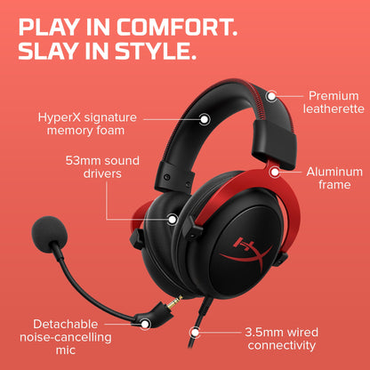 HyperX Cloud II - Casque de jeu, son surround 7.1, coussinets d'oreille en mousse à mémoire de forme, cadre en aluminium durable, microphone détachable, compatible avec PC, PS5, PS4, Xbox Series X|S, Xbox One – Rouge