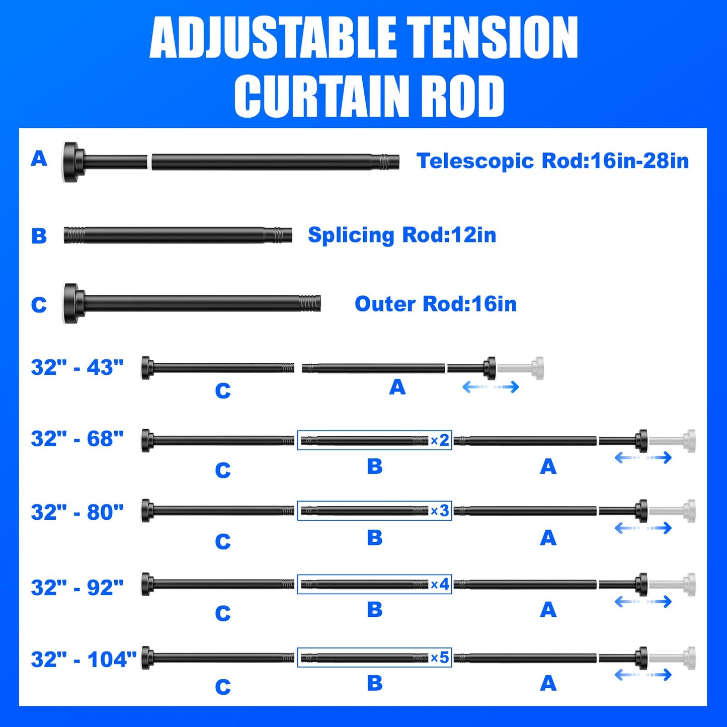 Ausemku Shower Curtain Rod Tension - 32-80 Inch Never Rust Non-Slip Spring Tension Curtain Rod No Drilling Stainless Steel Curtain Rod Use Bathroom Kitchen（Black）