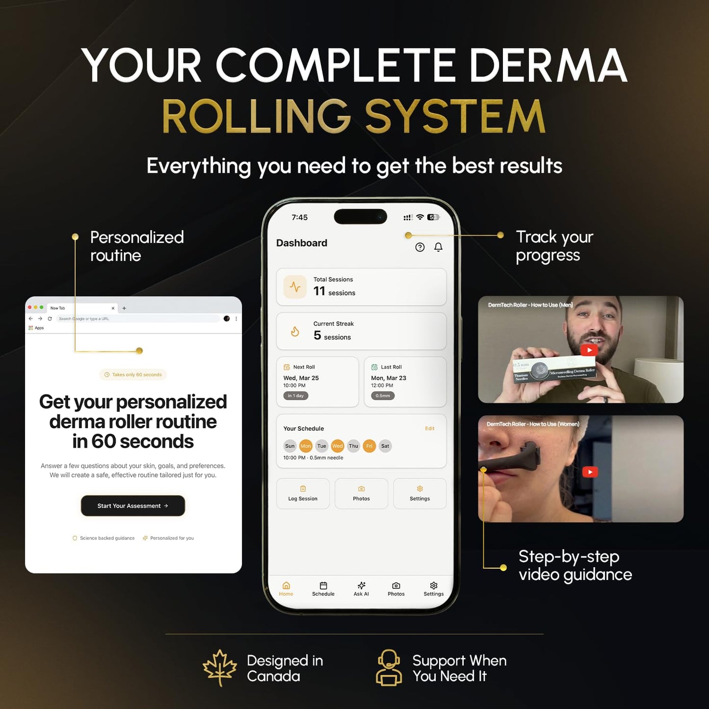 Derma Microneedling Roller - 1.5mm Titanium Needles - Designed in Canada - for Men and Women - Storage Case Included (Matte Black) - Available at All In One Marketplace Canada