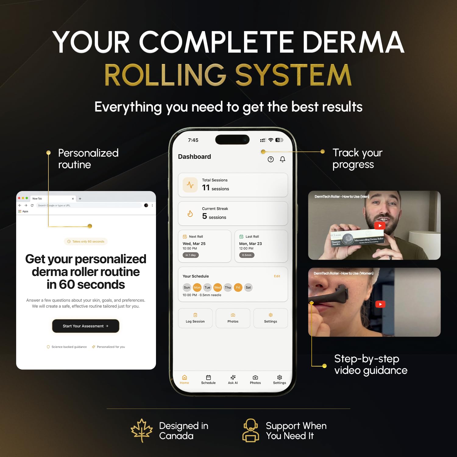 Derma Microneedling Roller - 1.5mm Titanium Needles - Designed in Canada - for Men and Women - Storage Case Included (Matte Black) - Available at All In One Marketplace Canada