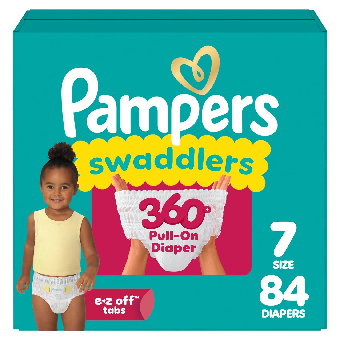 Pampers Diapers - Swaddlers 360 - Size 7, up to 100% Leakproof Comfy Dry Fit, EZ Off Tabs Designed for Easy Changes, Pull On Diaper, 84 Count