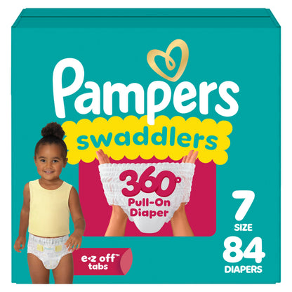 Pampers Diapers - Swaddlers 360 - Size 7, up to 100% Leakproof Comfy Dry Fit, EZ Off Tabs Designed for Easy Changes, Pull On Diaper, 84 Count