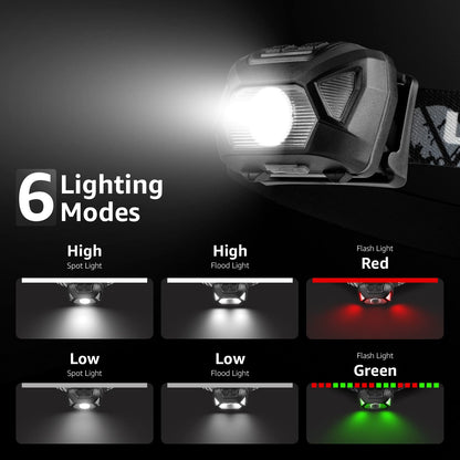 Lepro Rechargeable Headlamp 2-Pack, 2000 Lux Super Bright LED Head Torch with Red Light, 6 Modes USB Charging Waterproof Headlight, Lightweight Hard Hat Compatible Light for Camping, Hiking, Running