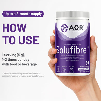 AOR - SoluFibre Powder, 300g 60-Servings - Partially Hydrolyzed Guar Gum Sunfiber for Digestive Comfort & Regularity - Vegan, Non-GMO & Gluten-Free - Gentle Prebiotic Fiber Supplement - Soluble Fiber - Available at All In One Marketplace Canada