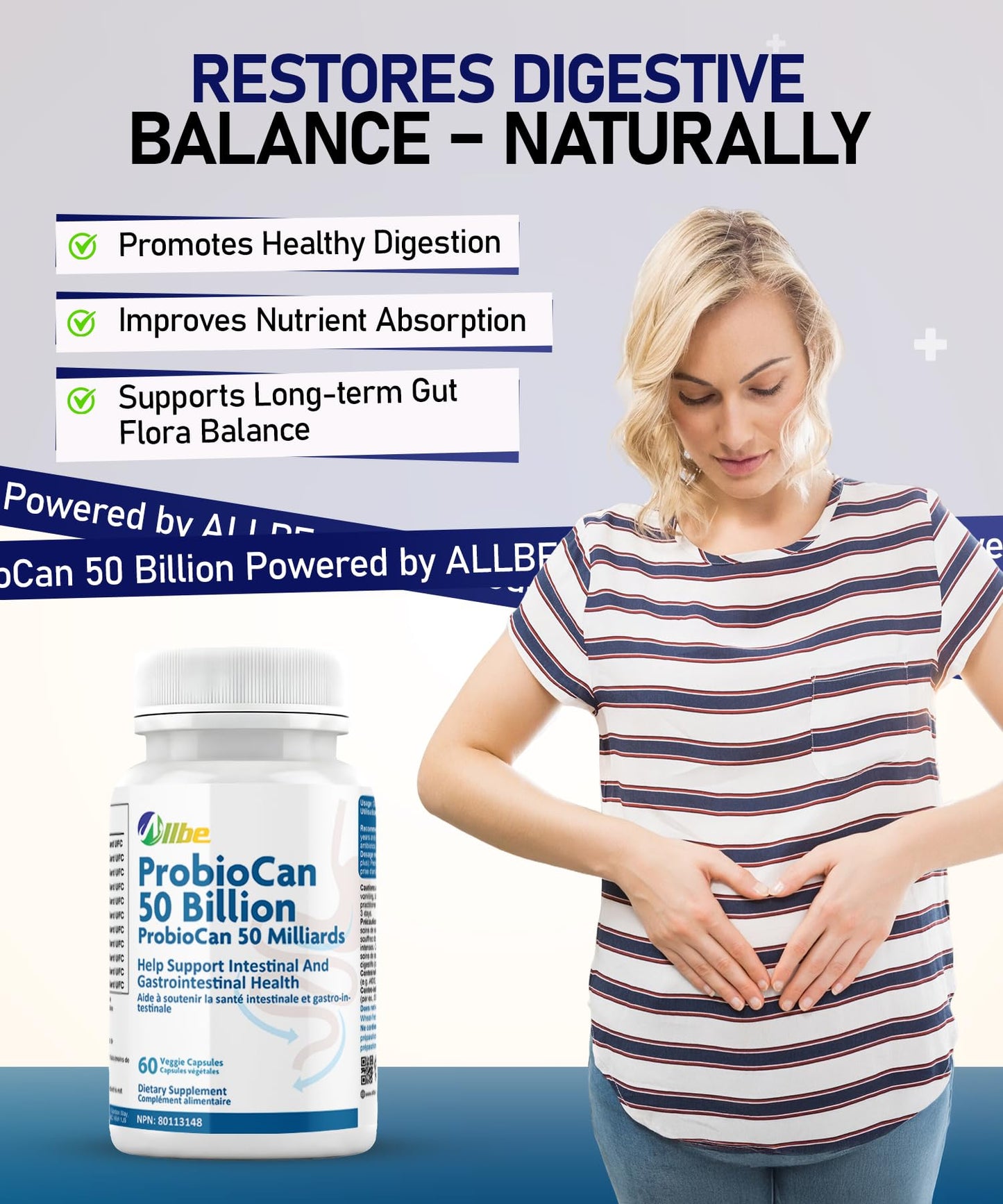 Allbe Probiotics for Men & Womens - 50 Billion CFU with 11 Strains, Lactobacillus, Acidophilus and L. Gasseri - Support Gut Health, Digestion, Weight Management and Bloating Relief - 60 Vegan Capsules, 1 Per Day - Available at All In One Marketplace Canada