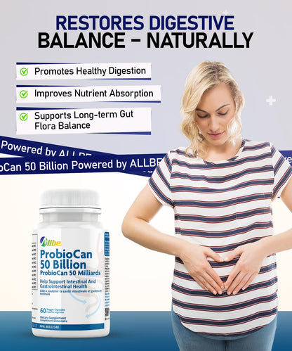 Allbe Probiotics for Men & Womens - 50 Billion CFU with 11 Strains, Lactobacillus, Acidophilus and L. Gasseri - Support Gut Health, Digestion, Weight Management and Bloating Relief - 60 Vegan Capsules, 1 Per Day - Available at All In One Marketplace Canada
