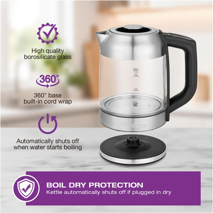 Salton Temperature Control Glass Kettle – 1.7 L | 7 Temperature Settings (104°F–212°F / 40°C–100°C) | Bonus Tea Steeper | LED Colour Change | Keep Warm Function | 360° Swivel Base | Proudly Canadian