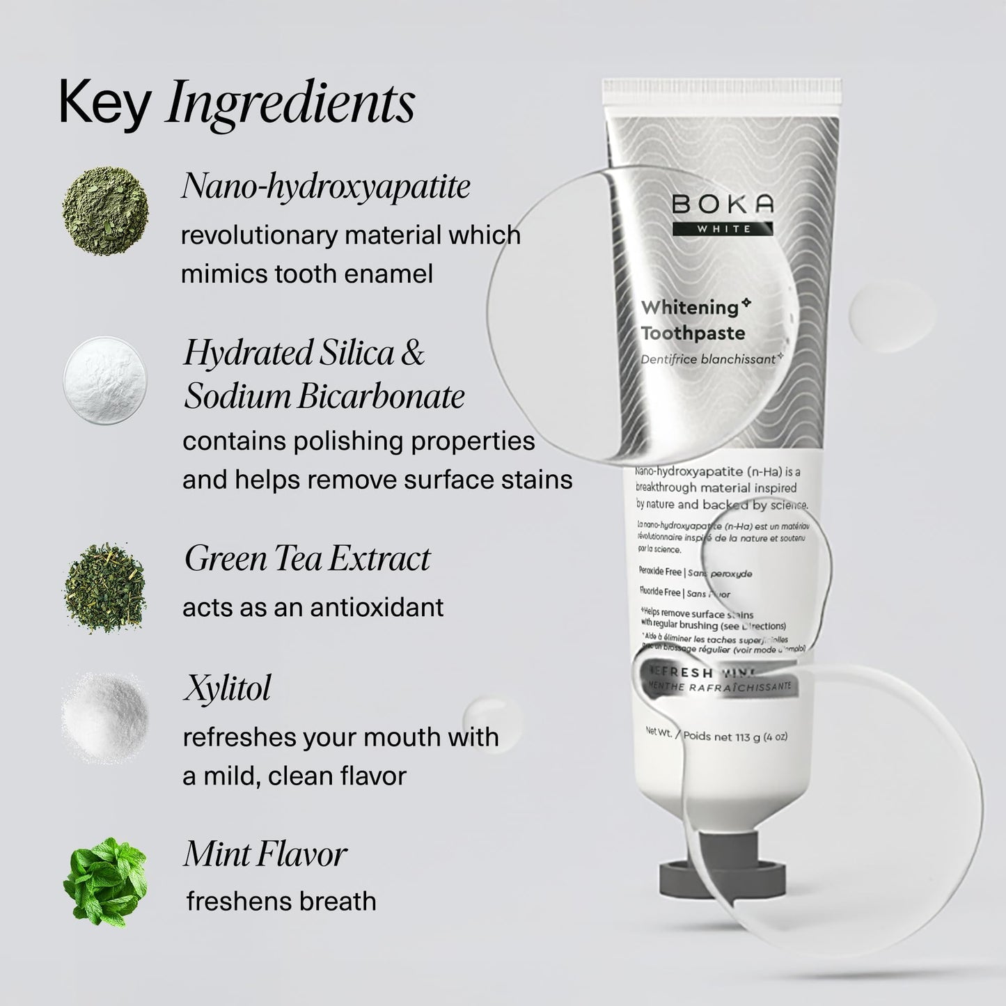 Boka Fluoride Free Toothpaste, Nano Hydroxyapatite Toothpaste, Appropriate for Sensitive Teeth, for Adult, Kids Oral Care - Whitening * Refresh Mint, 4 Fl Oz (113g) 1Pk