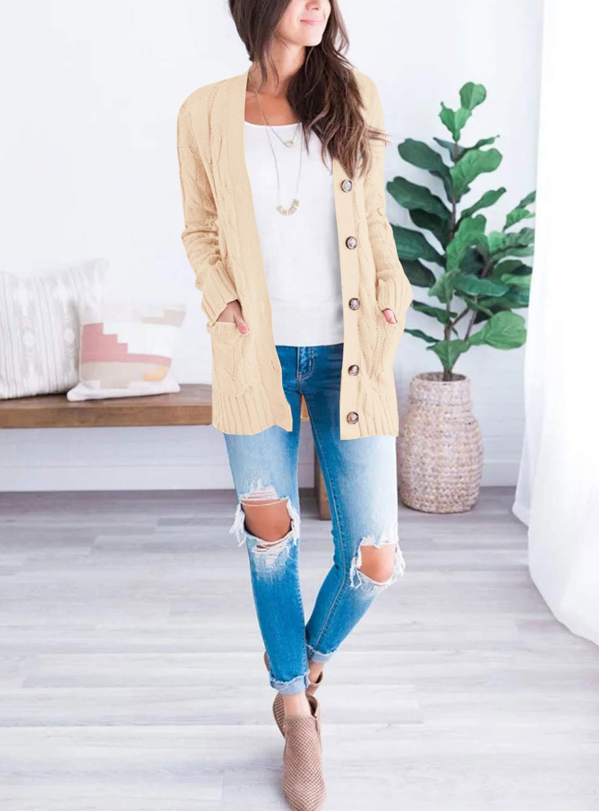 PRETTYGARDEN Women's Cable Knit Cardigan Sweaters Fall(Beige,M) 🍁 All In One Marketplace Canada