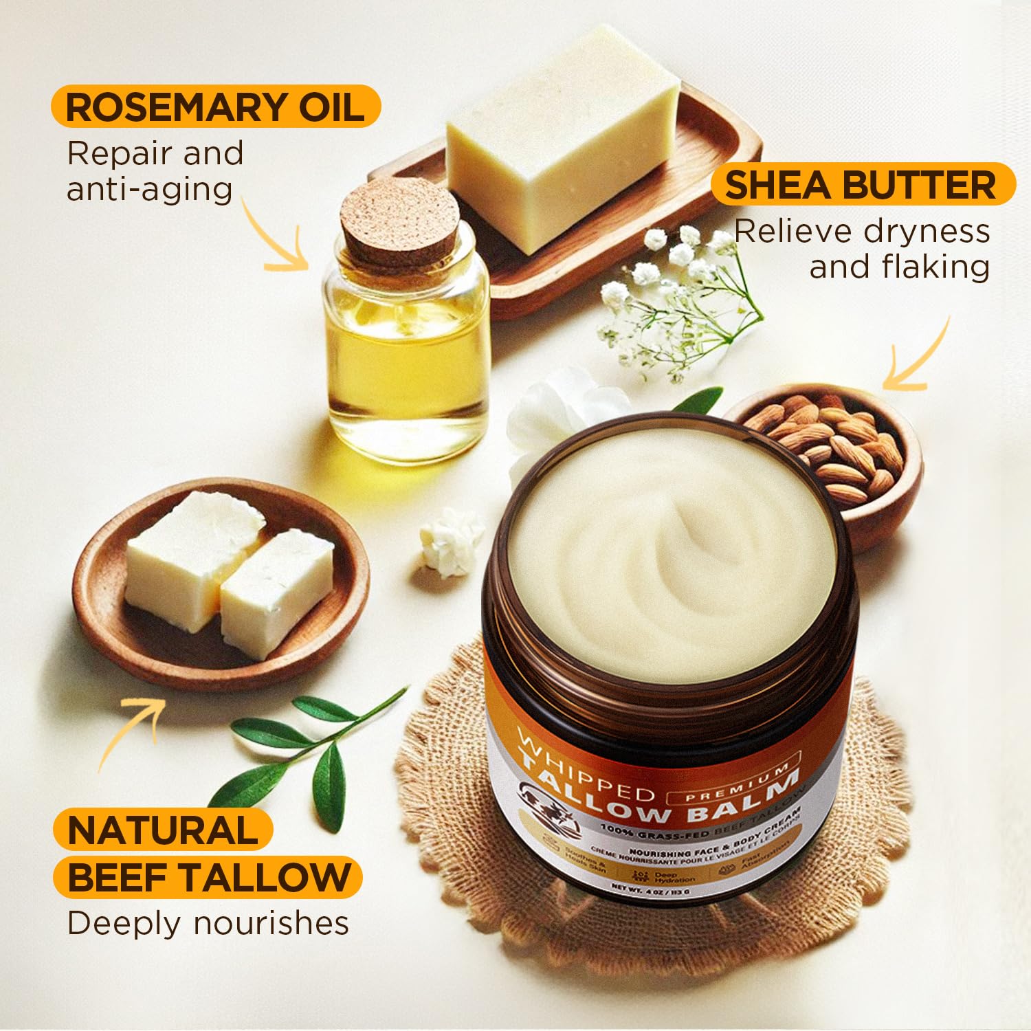 Beef Tallow Skincare Moisturizer for Face: 100% Grass-Fed Beef Tallow Balm - All Natural Tallow Face Cream Soft Smooth for Eczema and Dry Skin 4oz - Available at All In One Marketplace Canada