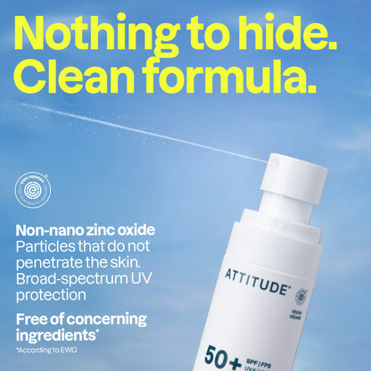 ATTITUDE Sensitive Skin Mineral Sunscreen Lightweight Lotion SPF 50, Broad Spectrum Zinc Oxide, EWG Verified, Mineral-Based, Non-Nano, Water-Resistant 80 Minutes, Non-Greasy for Face & Body, Vegan, Unscented, 80 grams - Available at All In One Marketplace Canada