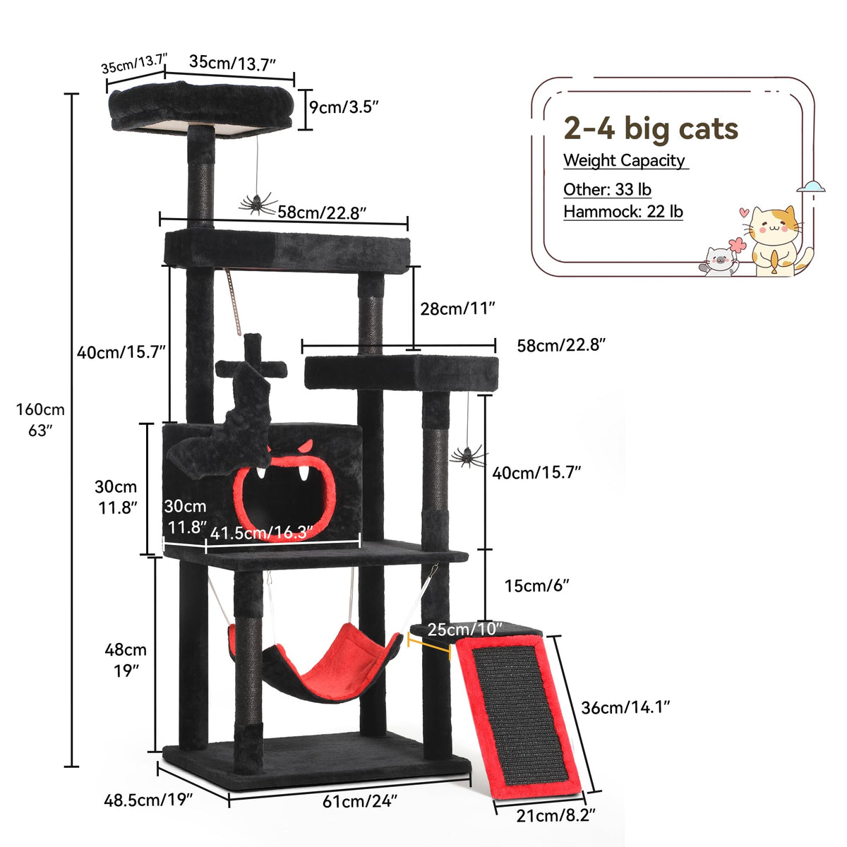 YITAHOME Gothic Cat Tree with Coffin Bed, 63" Tall Cat Tower for Indoor Cats with Top Perch, Spacious Cat Condos, Spider Hanging Balls,Comfy Hammock, Halloween Scratching Post and Ladder, Black